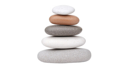 Fototapeta premium Stacked pebbles in neutral tones, elegant arrangement showcasing simplicity, evokes tranquility and balance, perfect for wellness themes. Isolated on white background or PNG