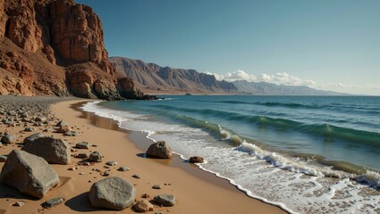 Breathtaking landscape featuring Turkmen Sand Seas, rocky beach, and rolling waves under clear sky. Concept highlights Turkmen Sand Seas' natural beauty and coastal serenity