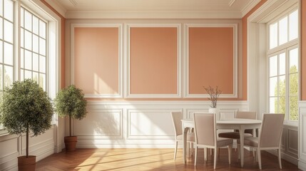Fototapeta premium Elegant White Wainscoting with Chair Rail in a Warm Orange Peach Dining Room of a Luxurious Residential Estate