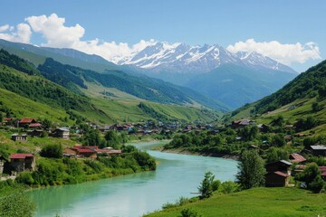 Fototapeta premium Emerald Lake in Svaneti: Majestic Mountains and Serene Waters of the Caucasus Nature