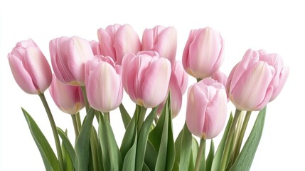 Fototapeta premium A vibrant arrangement of pink tulips showcasing their delicate petals and lush green stems, perfect for spring decor or floral design projects
