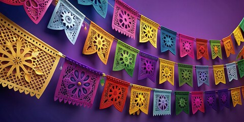 Vibrant Papel Picado Banner: Colorful Mexican Paper Cut Flags & Geometric Patterns on Purple