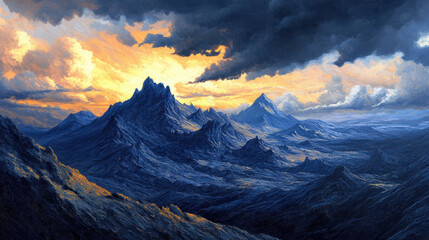 Obraz premium Epic Mountain Sunset: Dramatic Nature Scenery with Vibrant Clouds and Majestic Mountain Range at Dusk