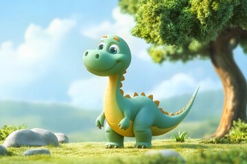 Fototapeta premium Cute Cartoon Dinosaur Character Standing in a Lush Green Landscape