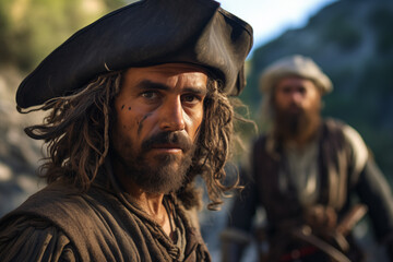 Fototapeta premium Man Pirate. Explore the High Seas, Pirate Flag, and Buccaneer Spirit on a Mysterious Island with Gold, Swords, and Swashbuckling Fun