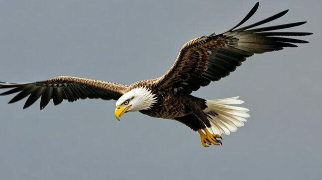 Majestic eagle in flight with sharp focus on its target, powerful wings spread wide in a dynamic hunting pose