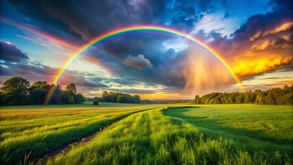 Naklejka premium Vibrant Rainbow Arch Over Lush Green Field - Copy Space Left