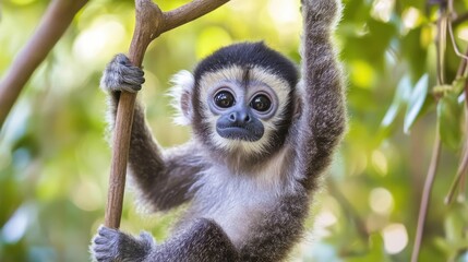 Naklejka premium Cute Young Gibbon Hanging from a Branch in Natural Habitat