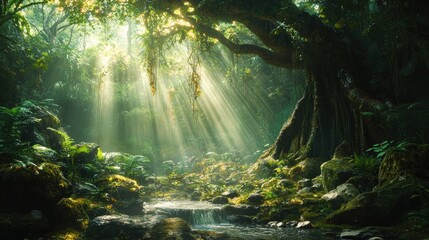 Sunbeams stream through jungle foliage, illuminating a tranquil creek