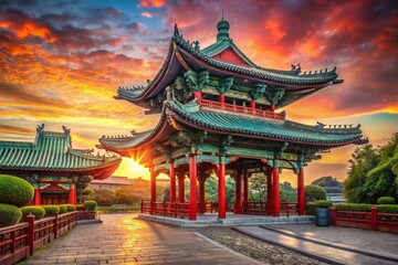 Vibrant Red and Green Pagoda Gate at Sunrise, Asian Temple Entrance, Traditional Architecture