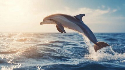 Fototapeta premium Dolphin Jumping Over Ocean Waves Under Bright Sunset Sky