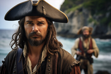 Fototapeta premium Man Pirate. Explore the High Seas, Pirate Flag, and Buccaneer Spirit on a Mysterious Island with Gold, Swords, and Swashbuckling Fun