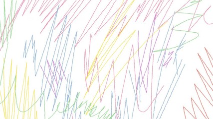 Vibrant multicolored chaotic crayon strokes animation on a white background, seamless 4K loop, perfect for artistic and creative projects