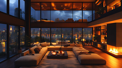 Night city view luxury penthouse living room