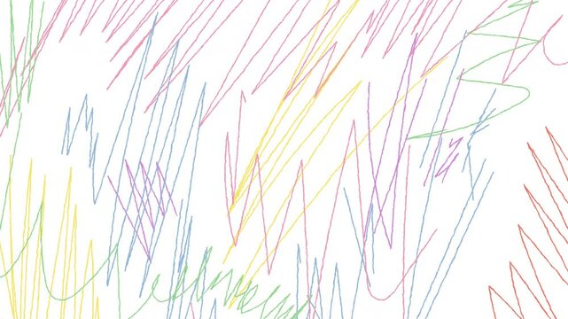 Vibrant multicolored chaotic crayon strokes animation on a white background, seamless 4K loop, perfect for artistic and creative projects