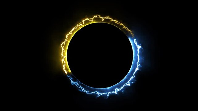 Electric blue and yellow lightning energy circle on black background