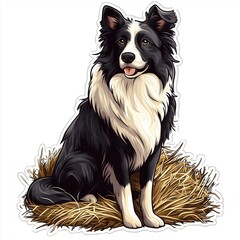 Fototapeta premium Vector Illustration of a Border Collie Sitting on Hay, with Sticker Logo, on Clean White Background