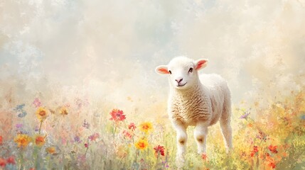 Fototapeta premium Cute Lamb Standing in Colorful Flower Field on Bright Daylight