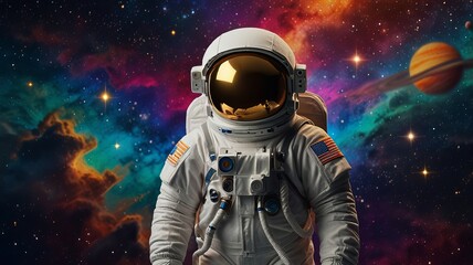 An astronaut in a white space suit stands against a vibrant cosmic backdrop featuring colorful nebulae and planets.