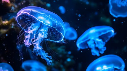 Naklejka premium Ethereal Jellyfish Floating in Deep Blue Ocean Waters at Night