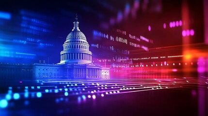 financial data, government building. A vibrant digital representation of a government building, illuminated with colorful lights, conveying a modern and dynamic atmosphere.