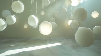Abstract composition of white spheres in a bright interior space. Minimalist and clean design with soft, diffused lighting.


