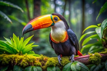 Fototapeta premium Vibrant Tucan in Rainforest Habitat: A Documentary Wildlife Photo