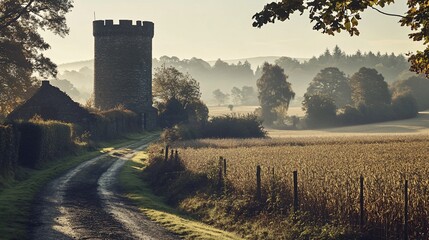 Fototapeta premium Misty morning countryside lane leading to ancient stone tower.