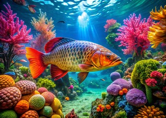 Vibrant Underwater Aquarium Scene: Asian Arowana & Coral Reef