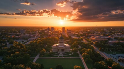 Dramatic Aerial Capture of Springfield Skyline with Illinois State Capitol Dome at Sunset