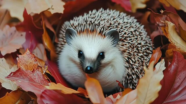 A close-up of a hedgehog curled up in a ball, surrounded by autumn leaves, creating a cozy and adorable scene.