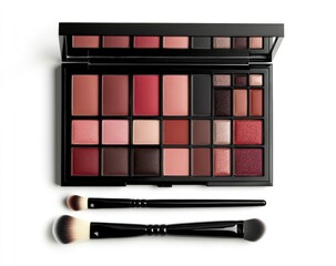 Opened makeup palette with blush, eyeshadow, and brushes on white background