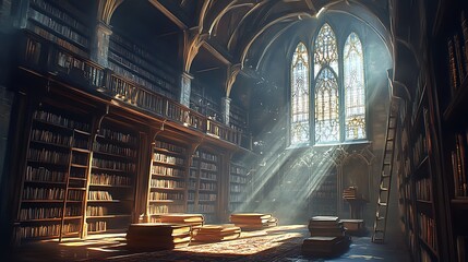 Naklejka premium Sunlit Gothic Library With Stacks Of Ancient Books