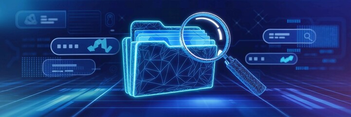 Digital File Folder with a Magnifying Glass Hovering Over It. intelligent document and Data Search, File management and Exploration, Digital Investigation, Information Analysis.
