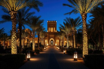 Fototapeta premium Night view of illuminated palace entrance with palm trees.