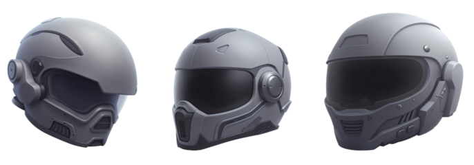 Three - quarter View of a Futuristic, Gray - Hued, Tactical - Style Helmet with Advanced Design Elements