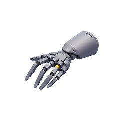 A high - resolution image of a modern robotic hand prosthesis in a gray color scheme with a distinctive yellow element