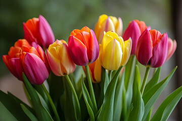 Fototapeta premium Beautiful flowers red tulips. Natural background Spring flowering tulips.