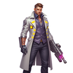A male character in a long - gray coat with glowing yellow accents, a purple vest, and tattoos on his face and arm, holding a futuristic gun