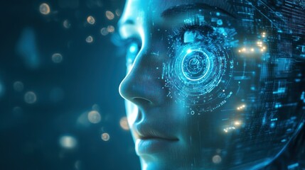 Futuristic close-up of a digital human face with glowing circuits and data streams in a tech-inspired environment