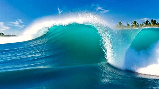 Majestic turquoise wave crashing onto a serene beach under a clear blue sky
