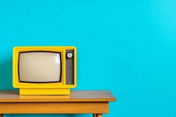 Retro TV on Wooden Table, Teal Background