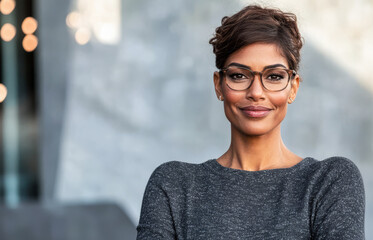 Confident woman in glasses smiling outdoors in modern urban setting during daytime