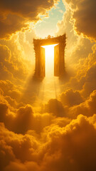 Digital Art. Celestial Gateway: A Majestic Golden Landscape with Radiant Sunlight and Floating Heavenly Gate.