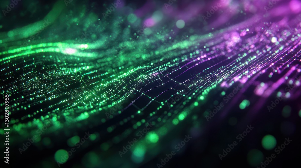 Poster abstract digital wave pattern with vibrant green and purple particles creating a dynamic background