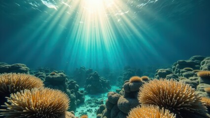 Obraz premium Sunlit underwater view of a coral reef showing signs of bleaching and decay 