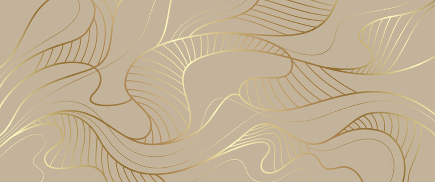 Gold lines vector art background. Abstract luxury cover design. Poster for design interior. Template for cards, flyers, banner, packaging. Premium golden illustration for luxe invite, wedding card.