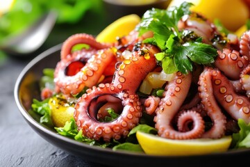 Delightful Octopus Salad with Fresh Greens and Zesty Lemon - A Healthy Seafood Meal
