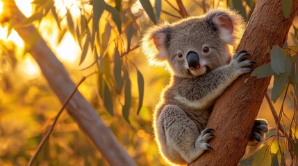 Obraz premium Cute Koala Climbing Tree Branch in Natural Australian Habitat