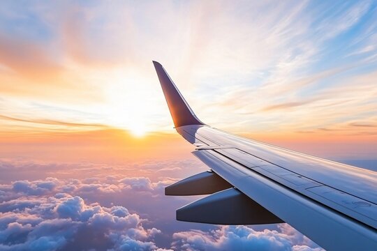 Airplane wing over sunset clouds, aerial view, travel